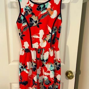 Love Ady, red, floral (blue, white flowers) dress, with A-Line and short sleeves